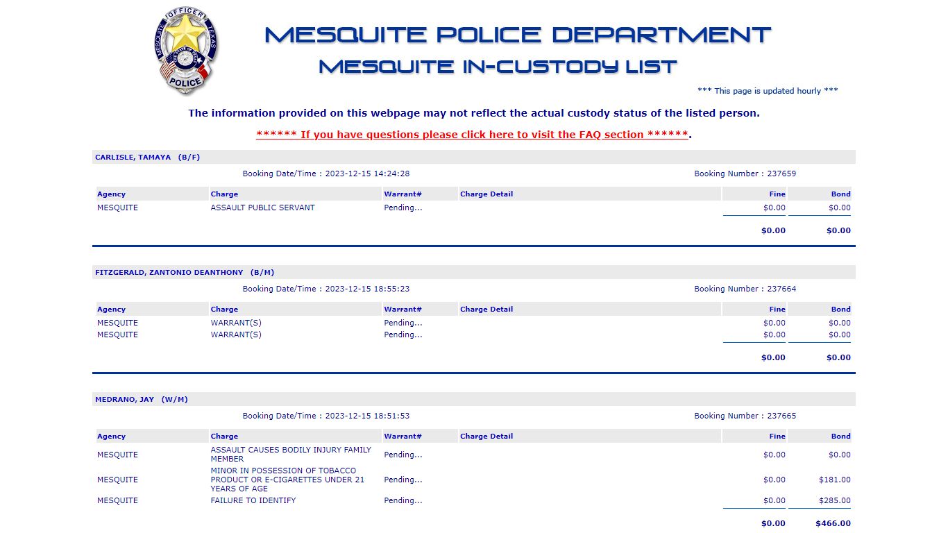 Jail List - Mesquite Police Department
